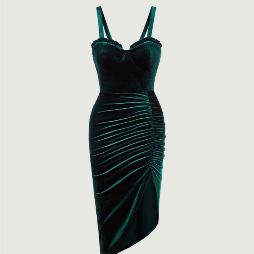 SHEIN MOD Frill Trim Ruched Asymmetrical Hem Velvet Cami Dress large